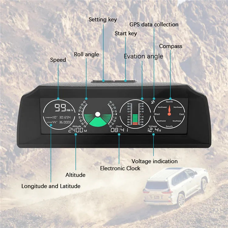 GPS GO 2 car head-up display unit with carbon fibre body on a dashboard, showing speed and angle data on a colour LCD screen.