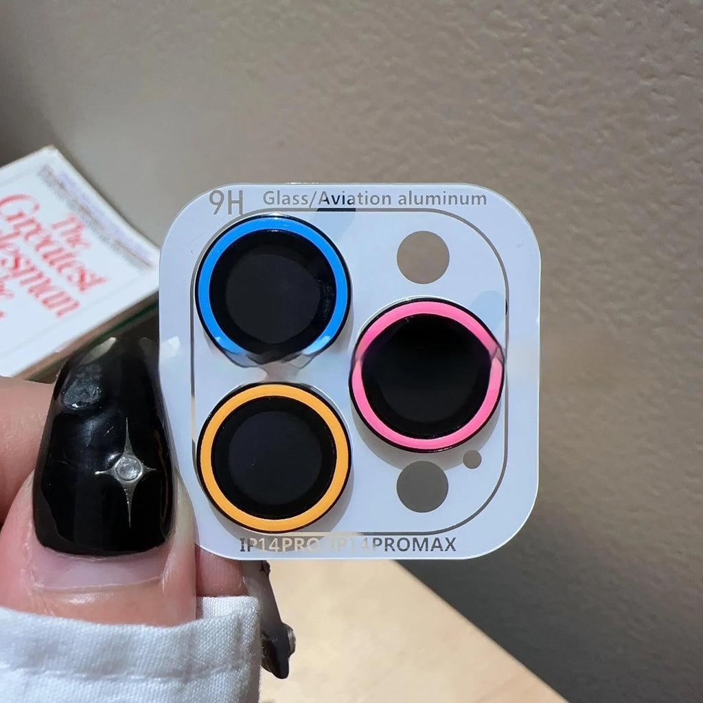 Tempered glass luminous lens protector for iPhone 14 Pro three holes, HD clarity, yellow blue pink colour