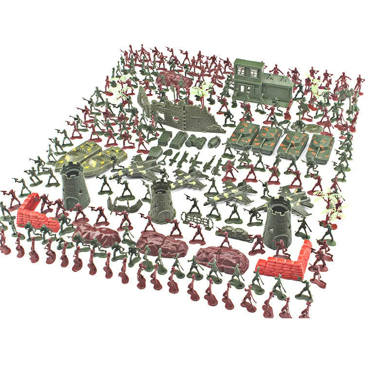 Children's military educational toy set with 240 plastic soldiers, tanks, and battlefield accessories
