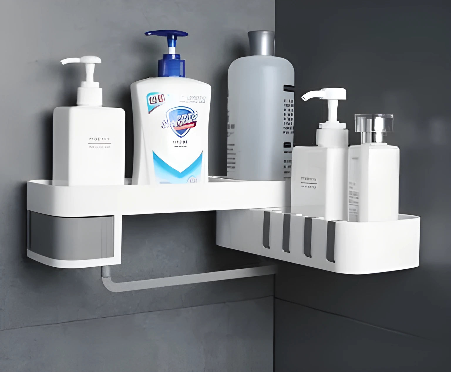 White and black retro European style corner shelf with suction mount on a bathroom wall.