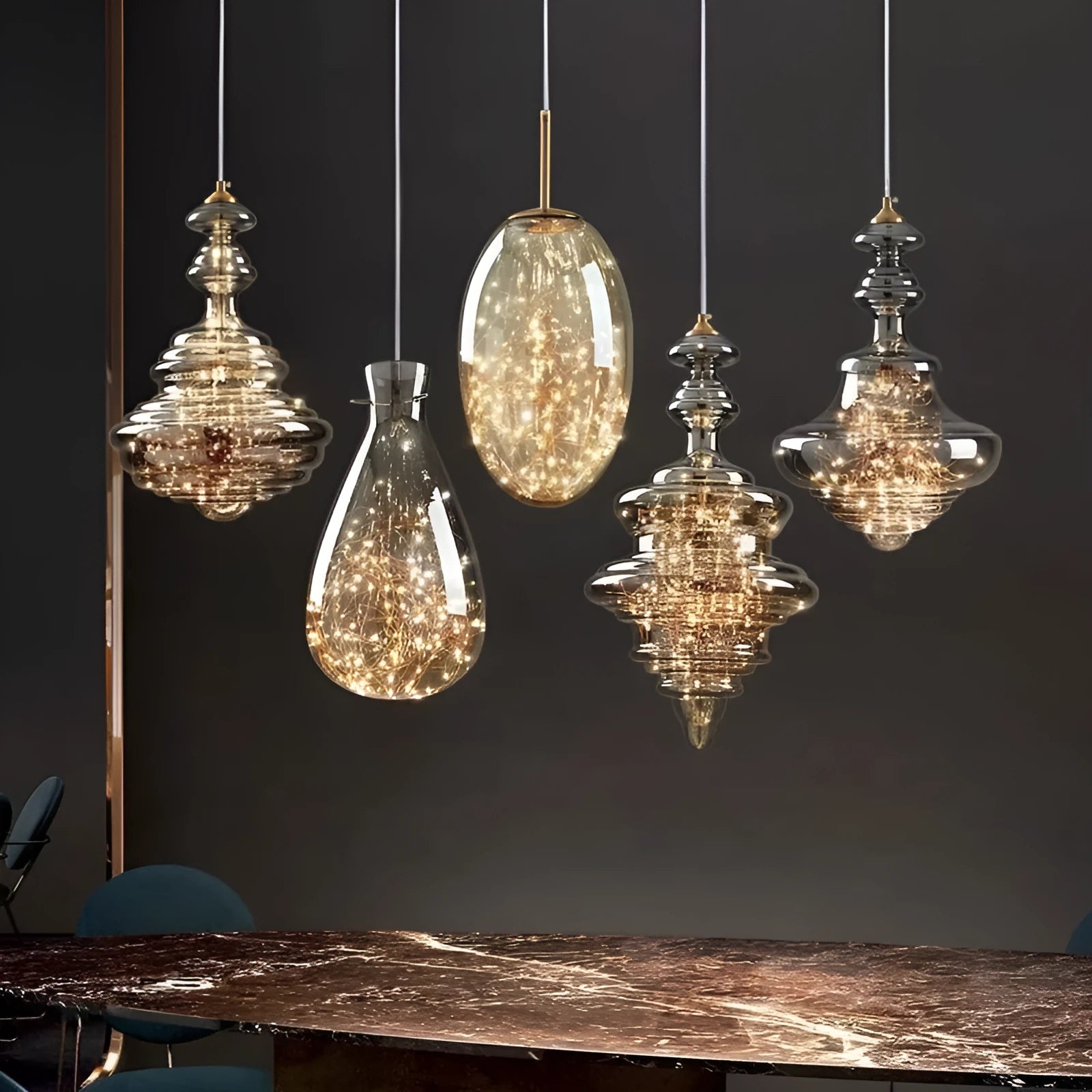Modern glass chandelier droplight with adjustable height mechanism and LED lighting