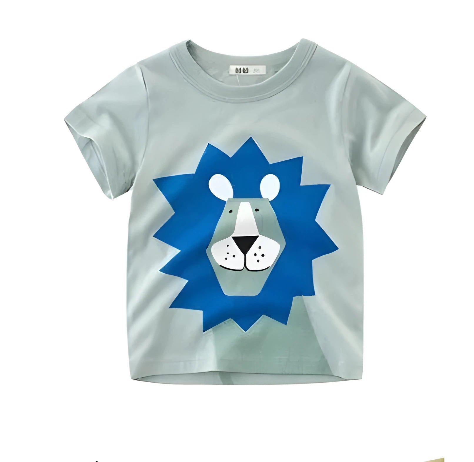 Children's cotton t-shirt with green lion print, showing size label for 120cm.
