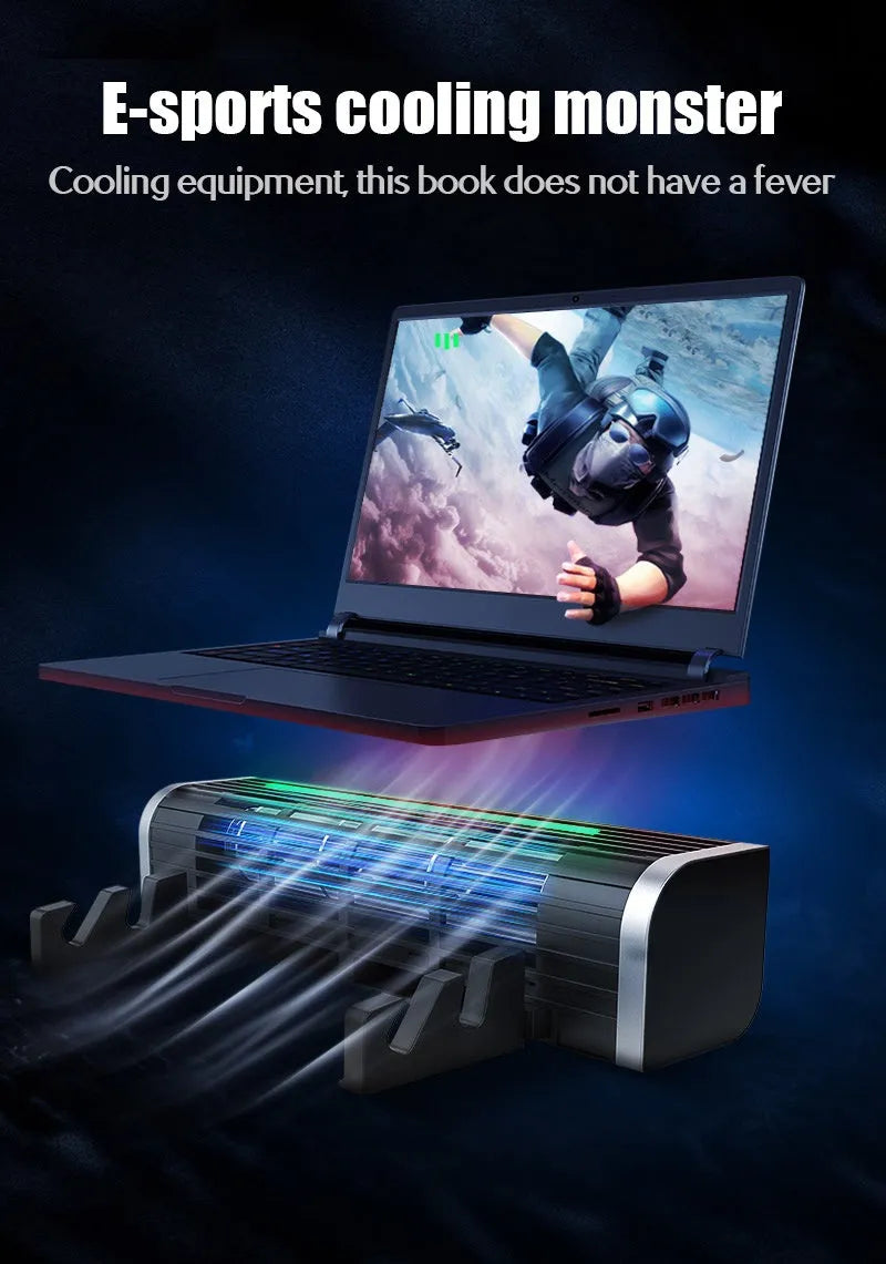 Black notebook cooling pad with dual fans, showing dimensions of 294mm wide by 65mm deep.