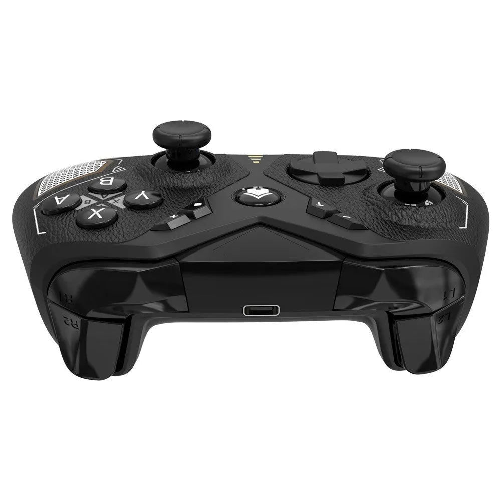 Black wireless game controller with leather-pattern finish for Nintendo Switch, PC, and mobile.