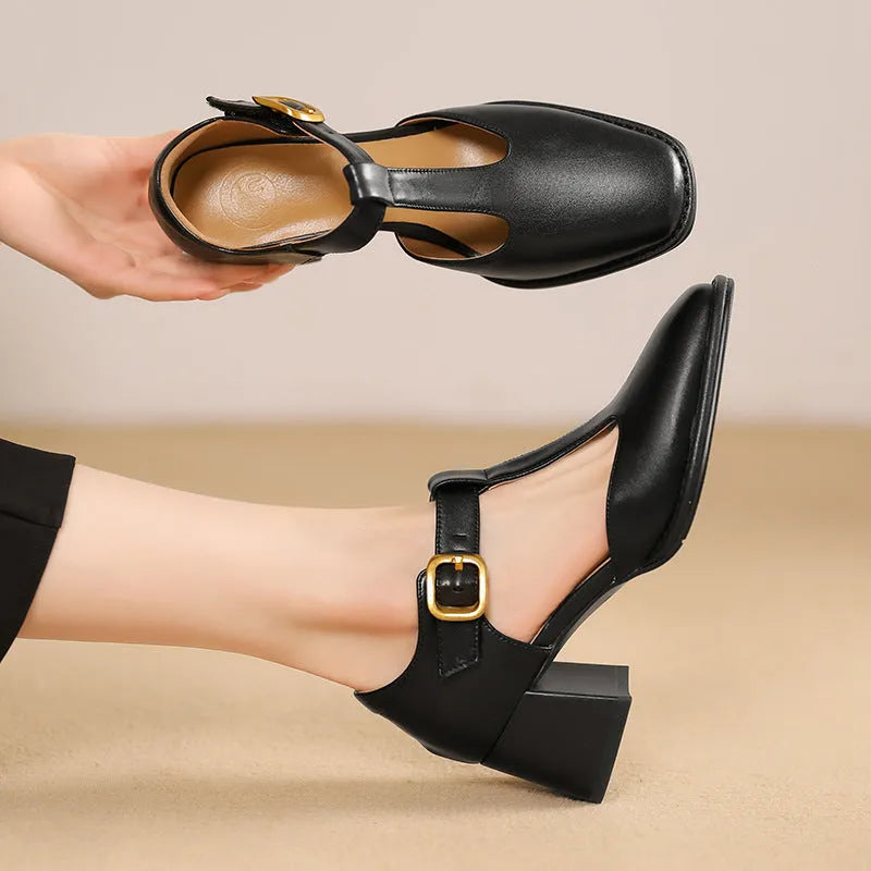 Women's square toe T-buckle hollow sandals in black, high heel 6-8cm, leather upper