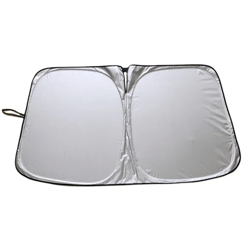 Silver aluminium foil car sunshade shown in two size options.