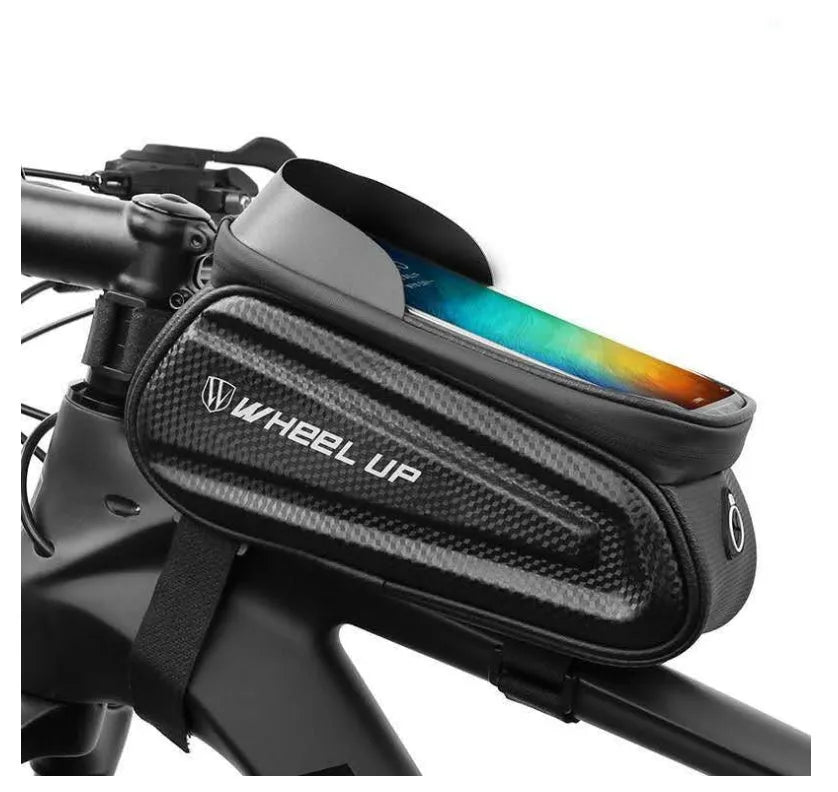 Black grey EVA bicycle phone bag with touchscreen window and reflective straps mounted on mountain bike frame