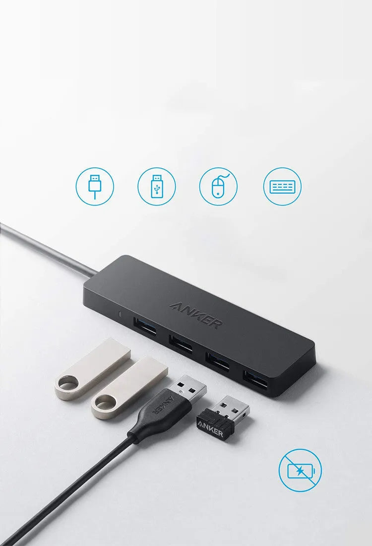 Black Anker 4-port USB 3.0 hub with 200 mm cable, showing four USB ports