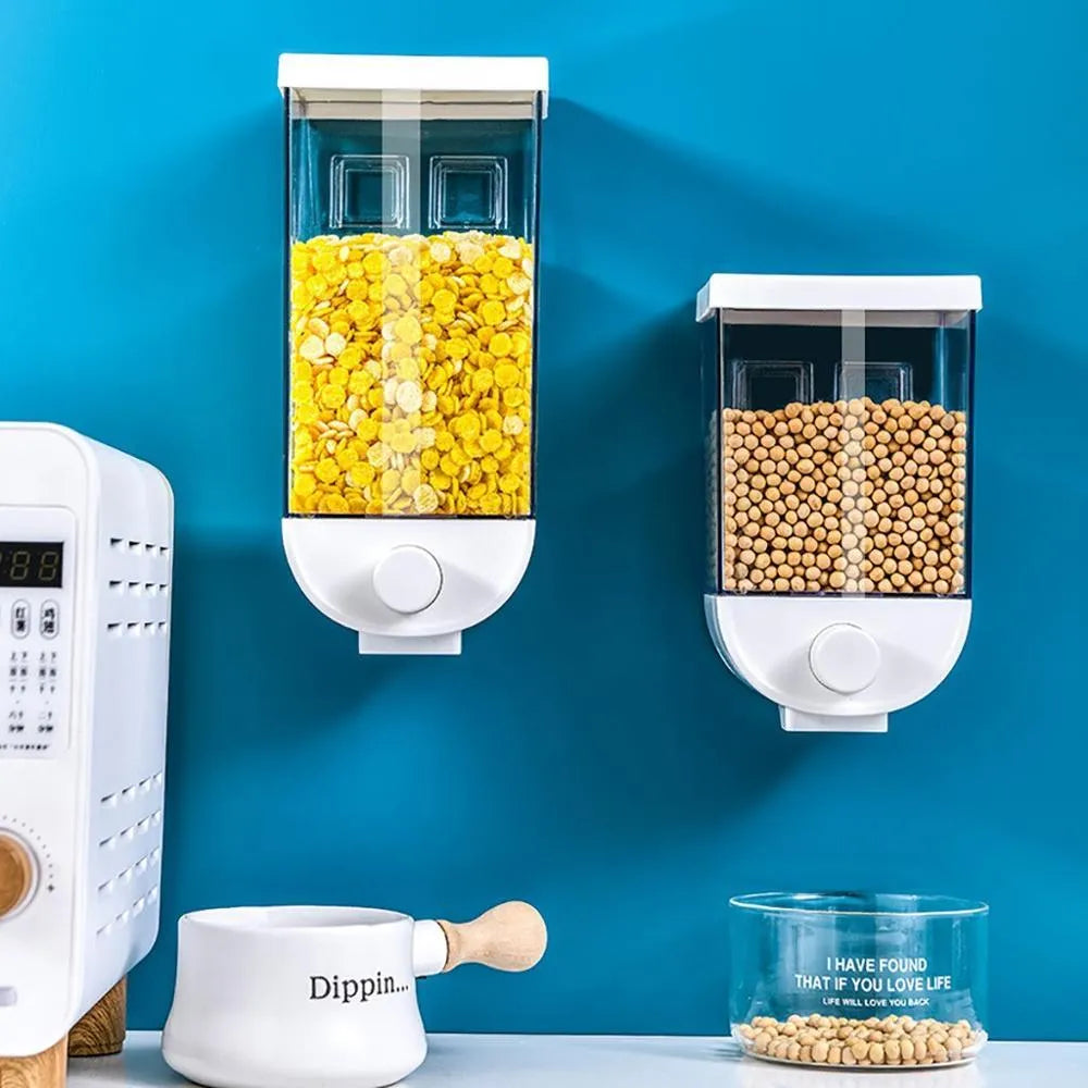 White transparent kitchen food storage container with easy-press cereal dispenser and wall mount