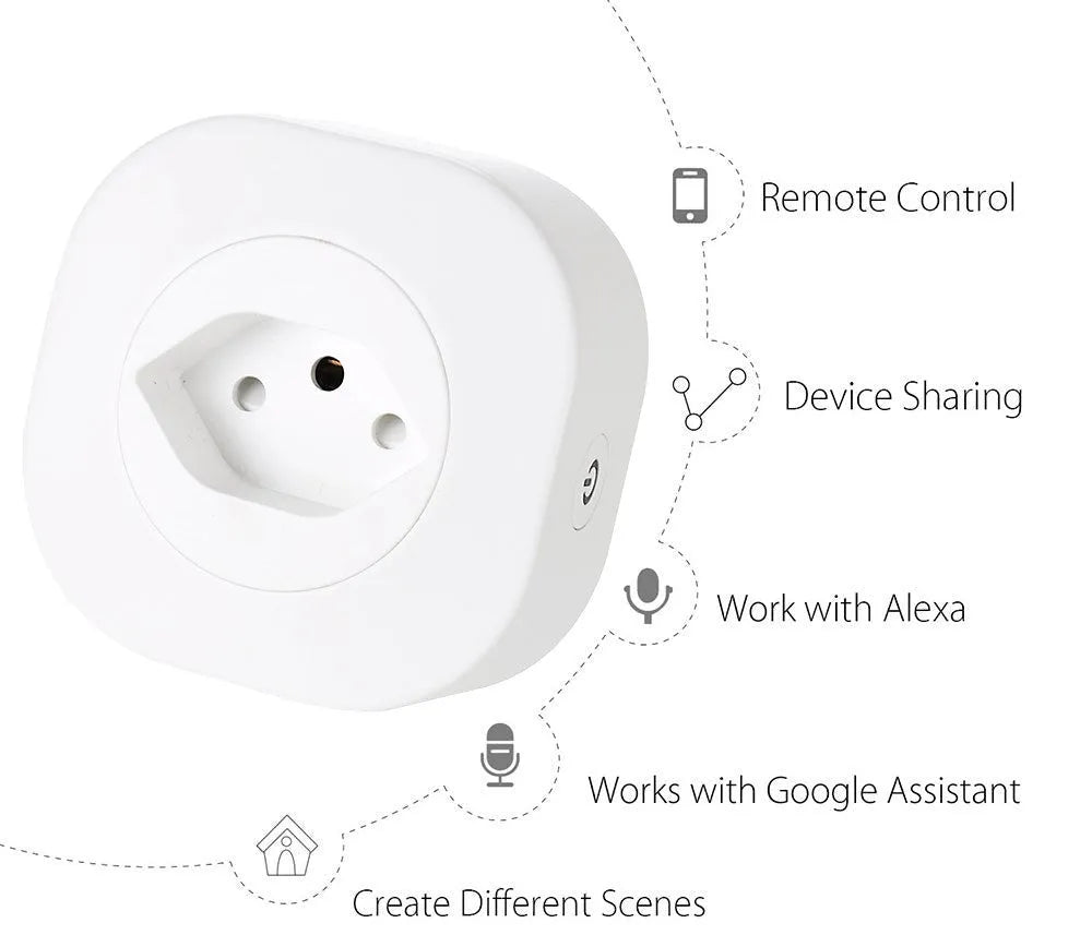 White Wi-Fi smart plug with EU-style pins on a wooden surface.