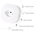 White Wi-Fi smart plug with EU-style pins on a wooden surface.