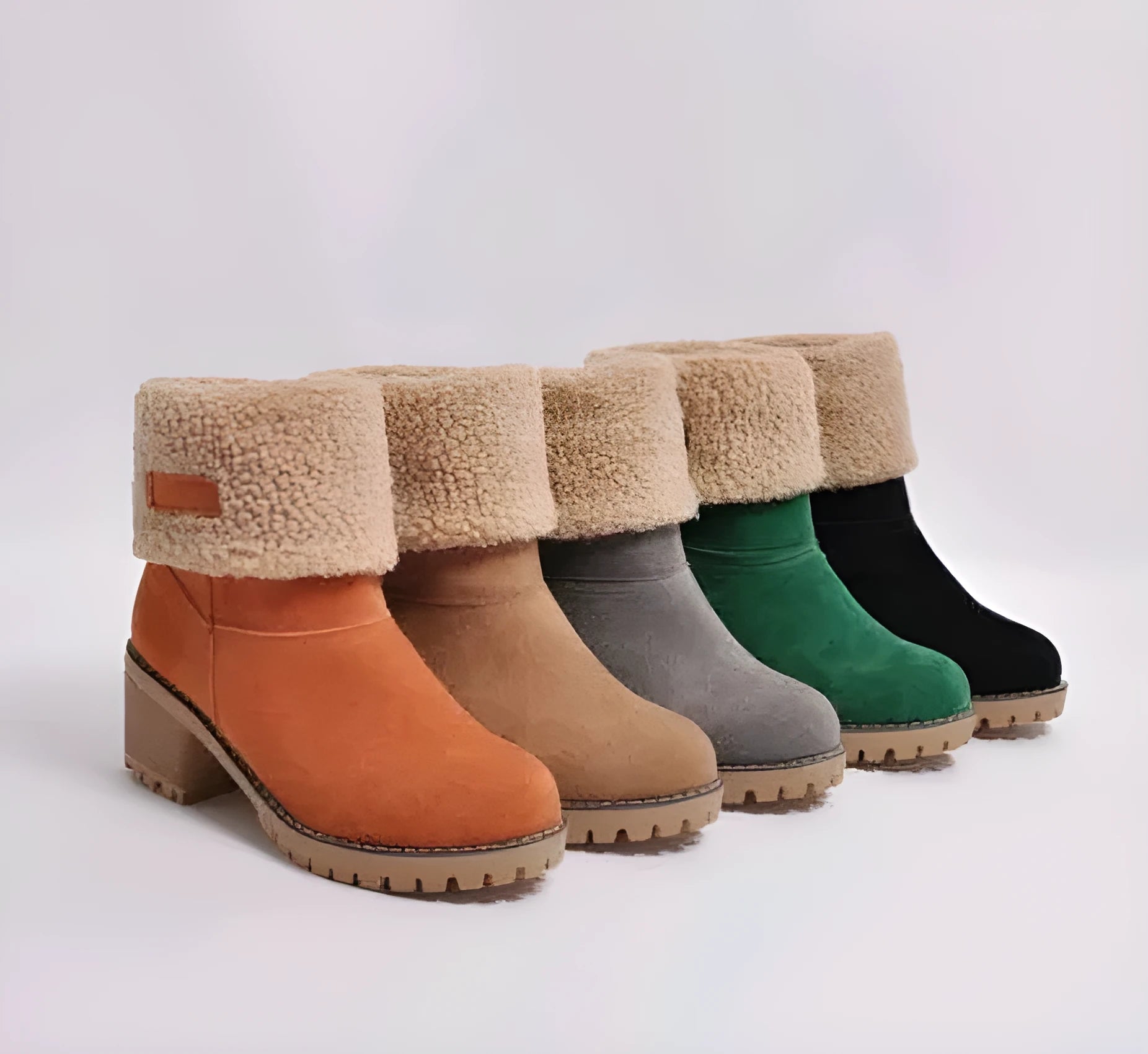 Women's mid-calf suede snow boots in khaki with a round toe and flat heel on a waterproof platform.
