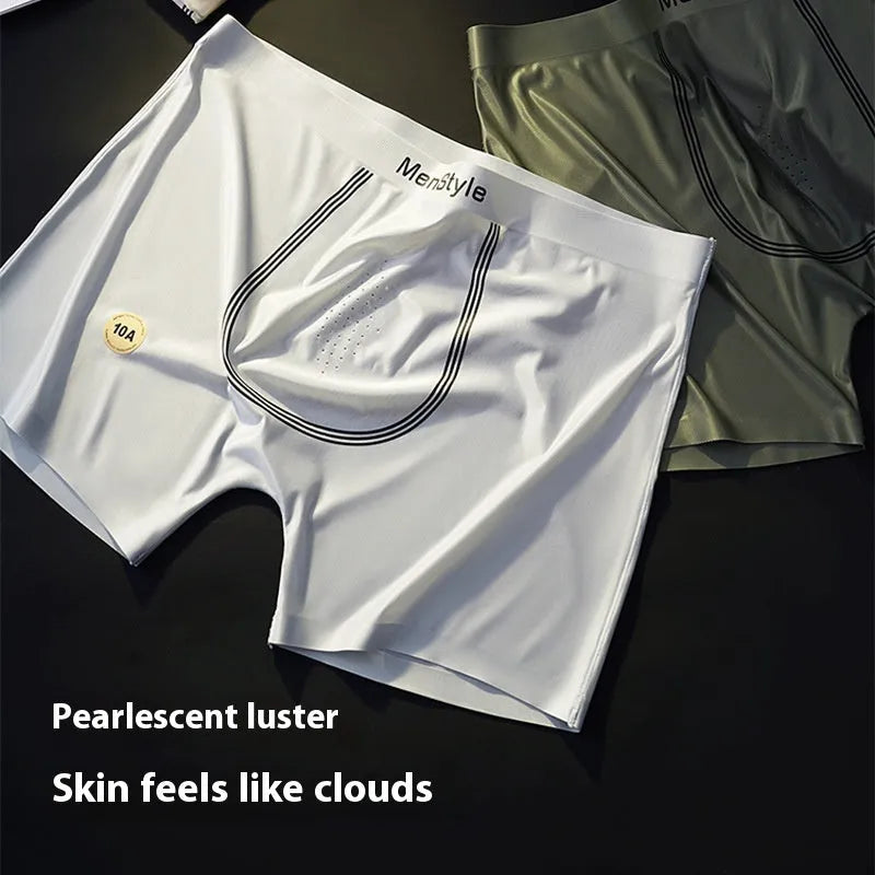 Men's seamless nylon boxer shorts showing single-layer construction and mid waist design