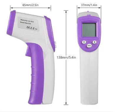 White PK58B non-contact infrared thermometer held near adult forehead with LCD screen showing temperature