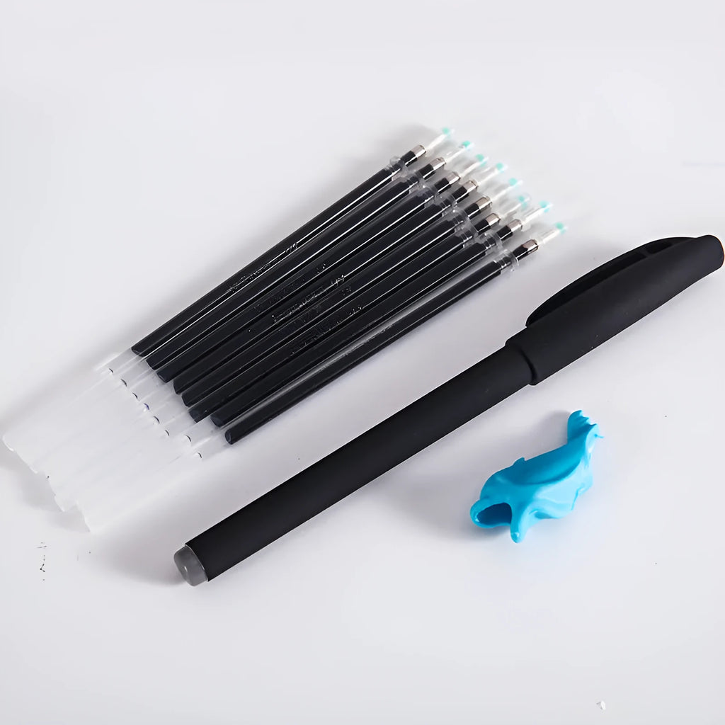 Automatic fade and disappear pen set showing pen holder, case, and eight refill cartridges of vanishing ink