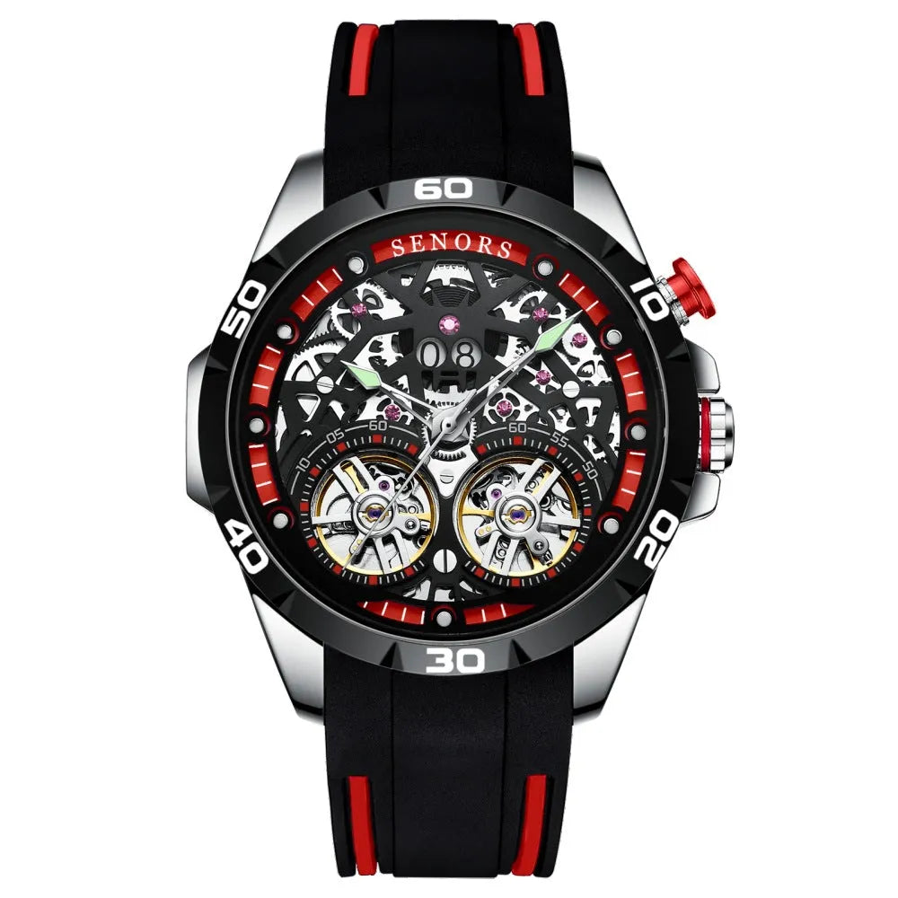 Men's automatic mechanical watch with luminous skeleton dial in red or blue colour showing 14mm case thickness