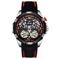 Men's automatic mechanical watch with luminous skeleton dial in red or blue colour showing 14mm case thickness
