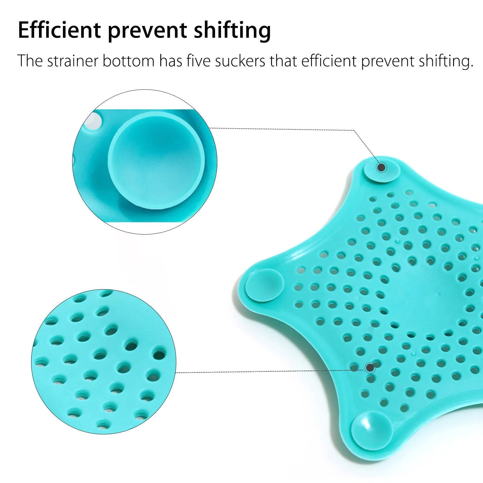 Three silicone starfish-shaped sink drain filters in white blue and green with suction cups
