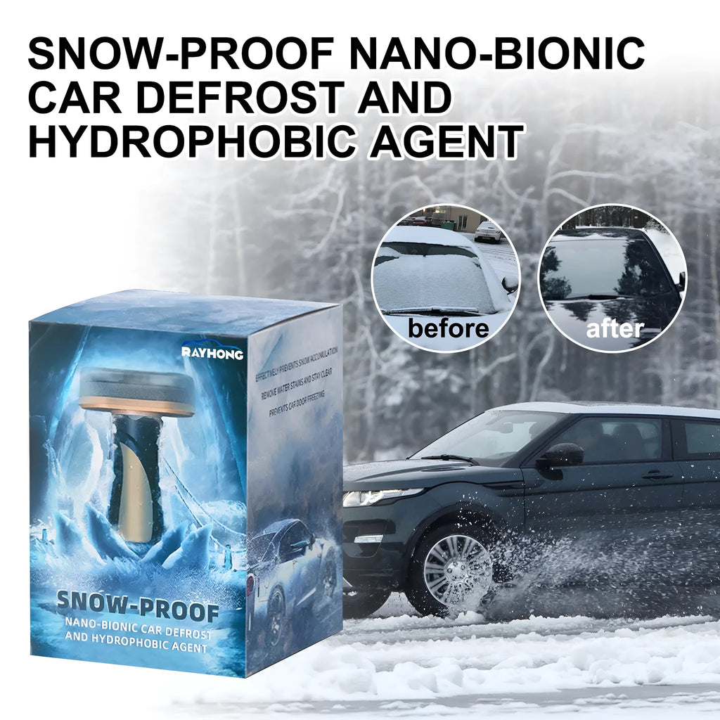 Compact PE plastic car snow brush with hydrophobic nano coating spray, measuring 5x9x14cm.