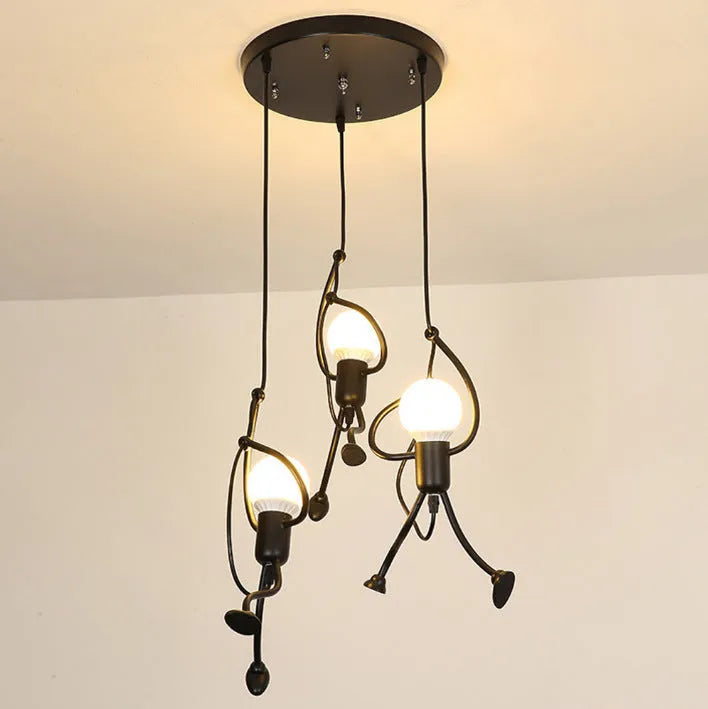 Indoor black iron chandelier with adjustable height 140cm, three long strip heads, for ceiling mounting in living room