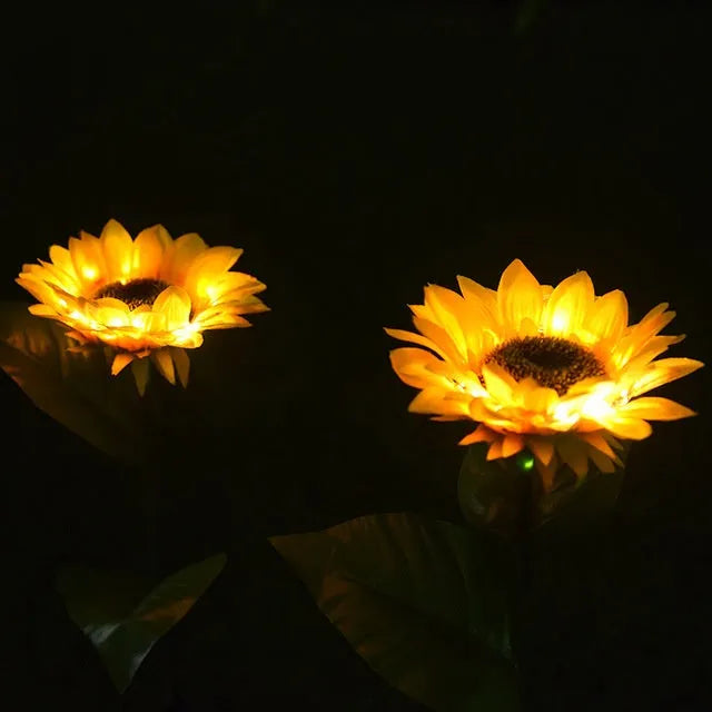 Set of LED solar sunflower garden lights with yellow Bujuan flower heads and stainless steel stems placed along a pathway