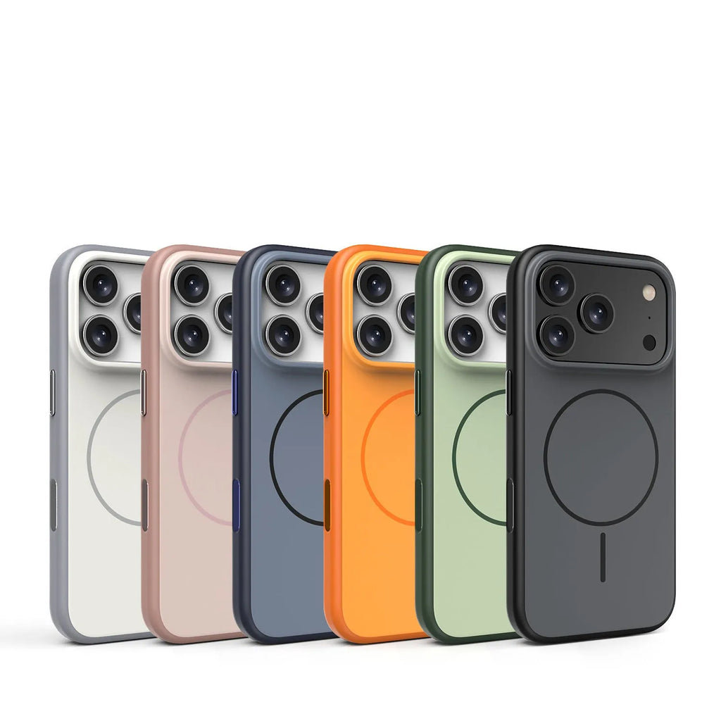 Frosted matte magnetic protective case for iPhone 17 in various colours showing anti-fingerprint surface