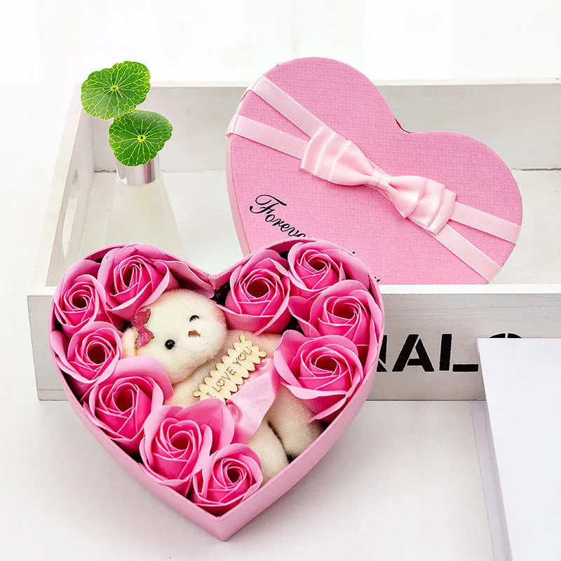 Handmade soap flower rose gift box in bear shape, pink and red colour option with ribbon on gift box
