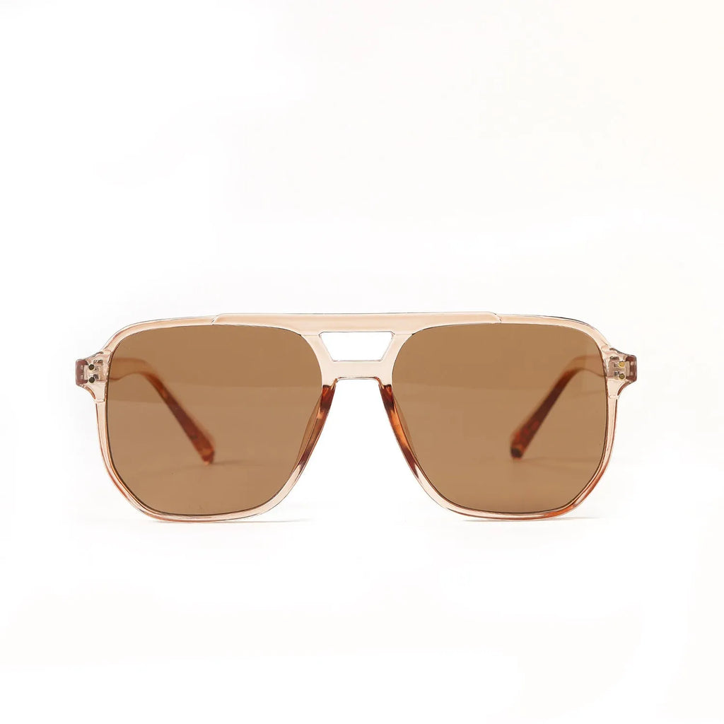 Square double beam sunglasses for women in black frame with pink lenses, UV400 protection