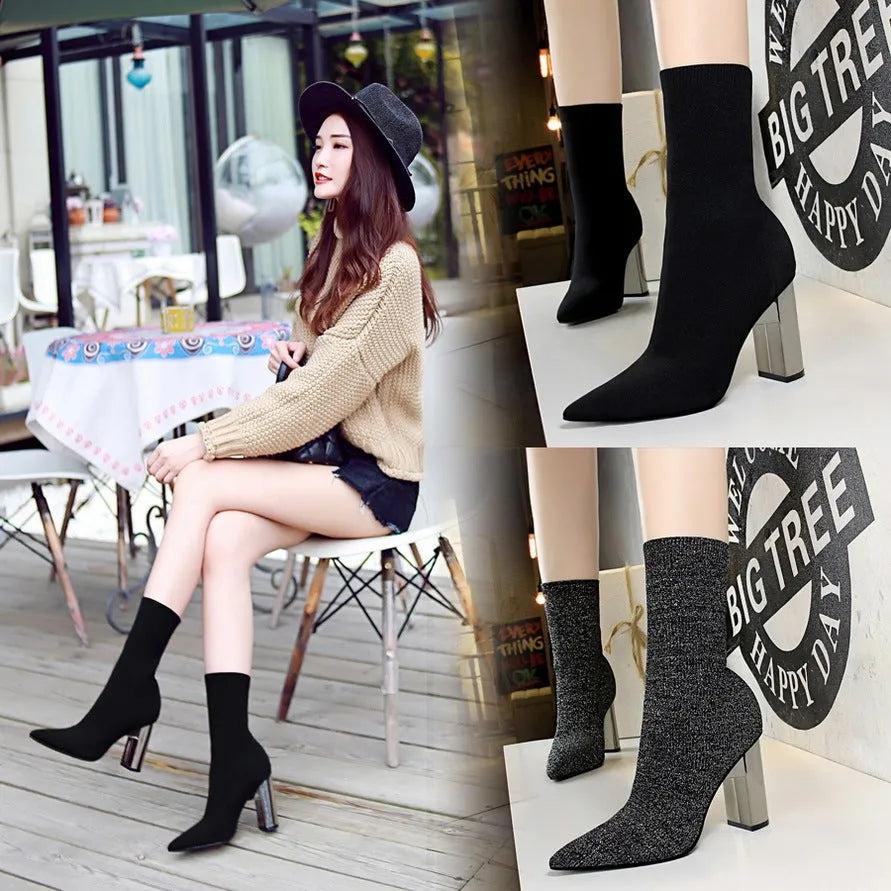 Short tube women's boots with wool upper, metal thick heel, pointed toe in black and silver
