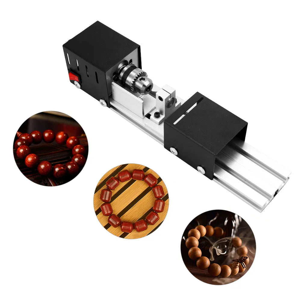 Compact silver metal mini woodworking lathe with tools for manual wood turning, showing scale.