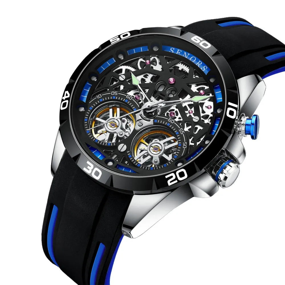 Men's automatic mechanical watch with luminous skeleton dial in red or blue colour showing 14mm case thickness