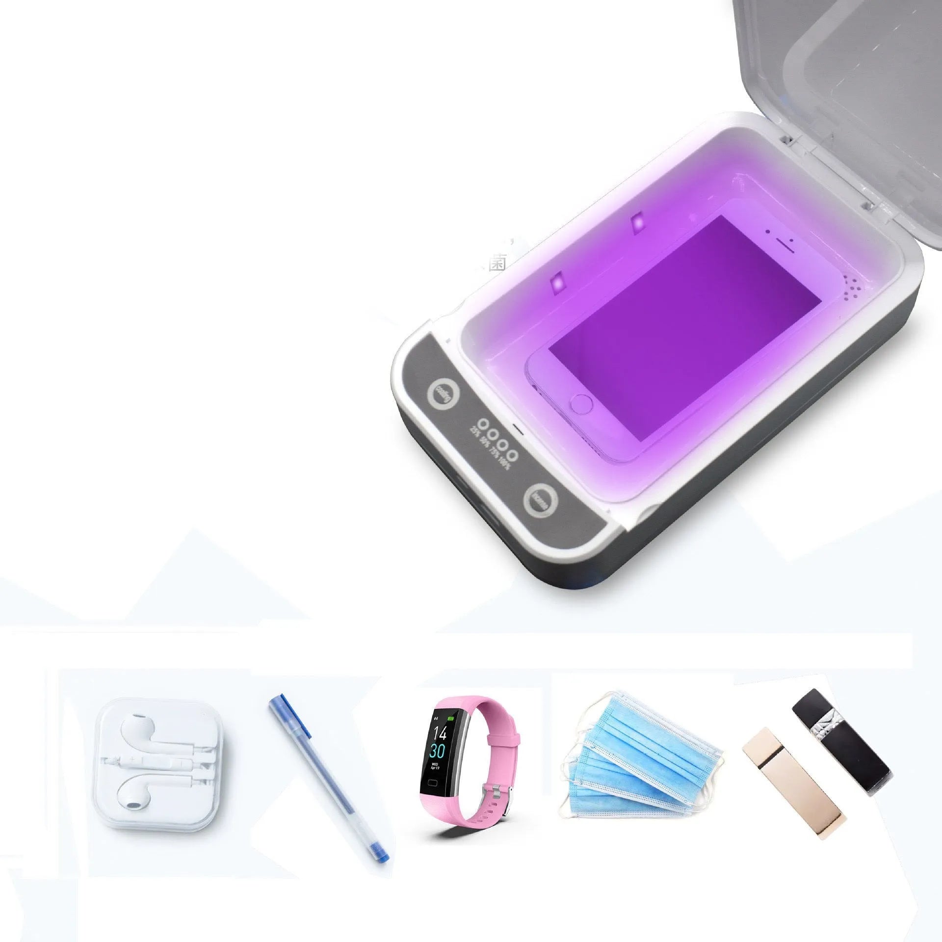UV disinfection box for mobile phones with four UV-C lamps, dimensions 218x123x53mm