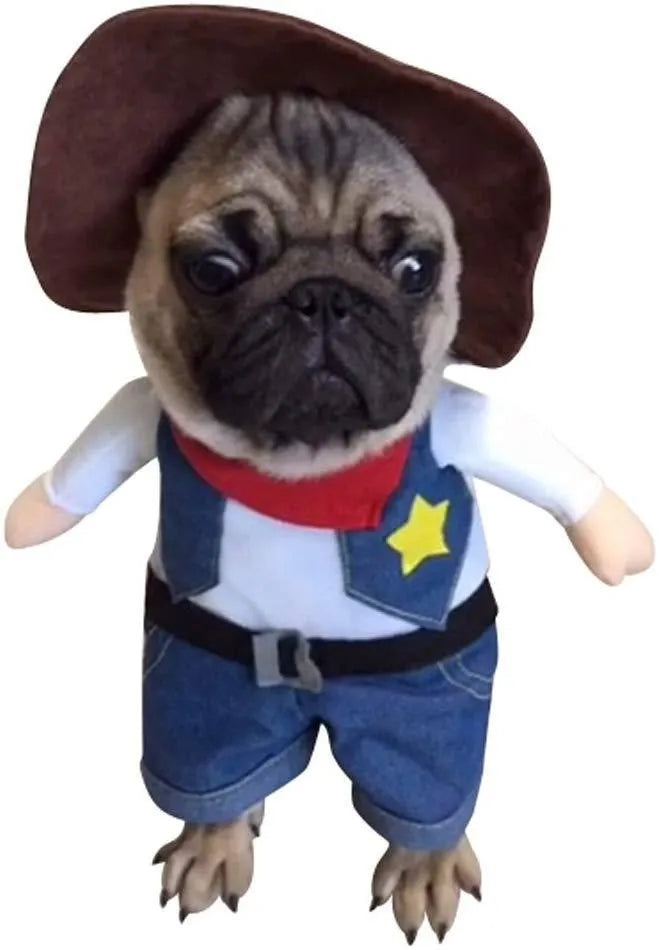 Dark blue pet denim cowboy costume with jacket and hat for cats and dogs, sizes S to XL.