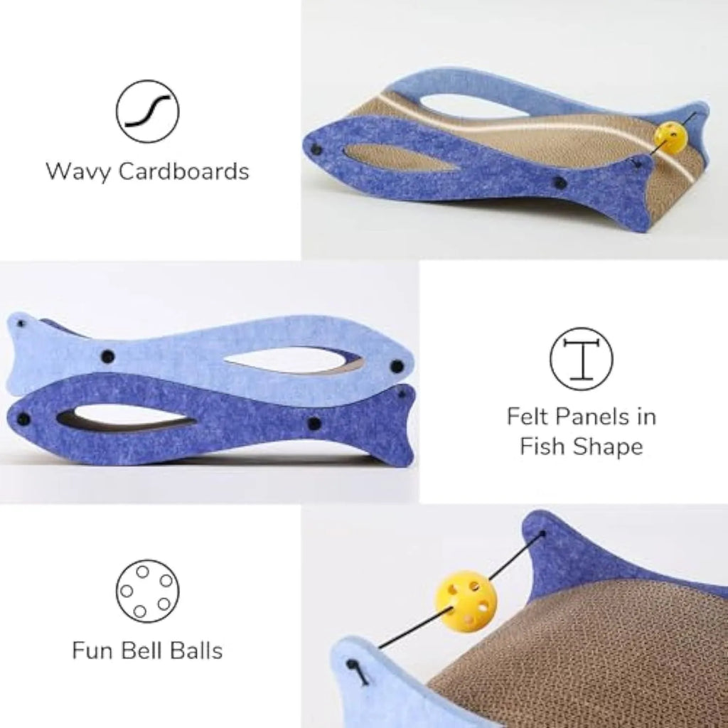 Blue fish-shaped cat scratcher pad with ball toy on elastic cord, wavy cardboard design for scratching and lounging
