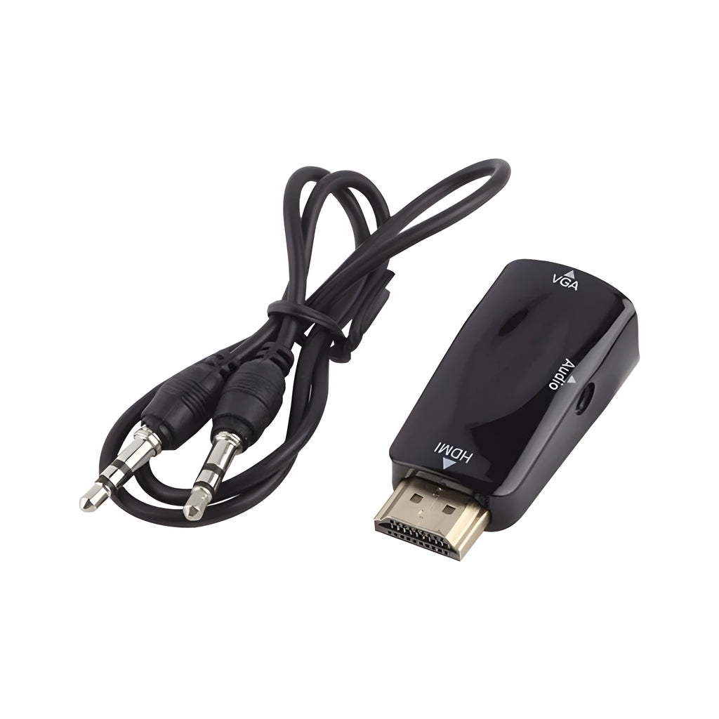 HDMI to VGA adapter converter showing HDMI male connector and VGA female port