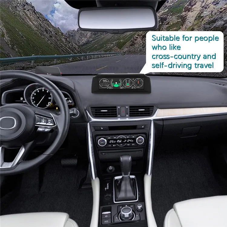 GPS GO 2 car head-up display unit with carbon fibre body on a dashboard, showing speed and angle data on a colour LCD screen.