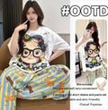 Sweet And Simple Cardigan Pajamas in cloud cotton with cartoon print, long sleeves, and matching trousers