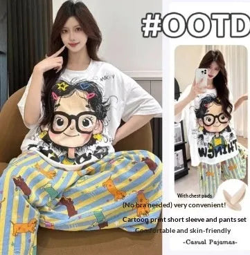Sweet And Simple Cardigan Pajamas in cloud cotton with cartoon print, long sleeves, and matching trousers