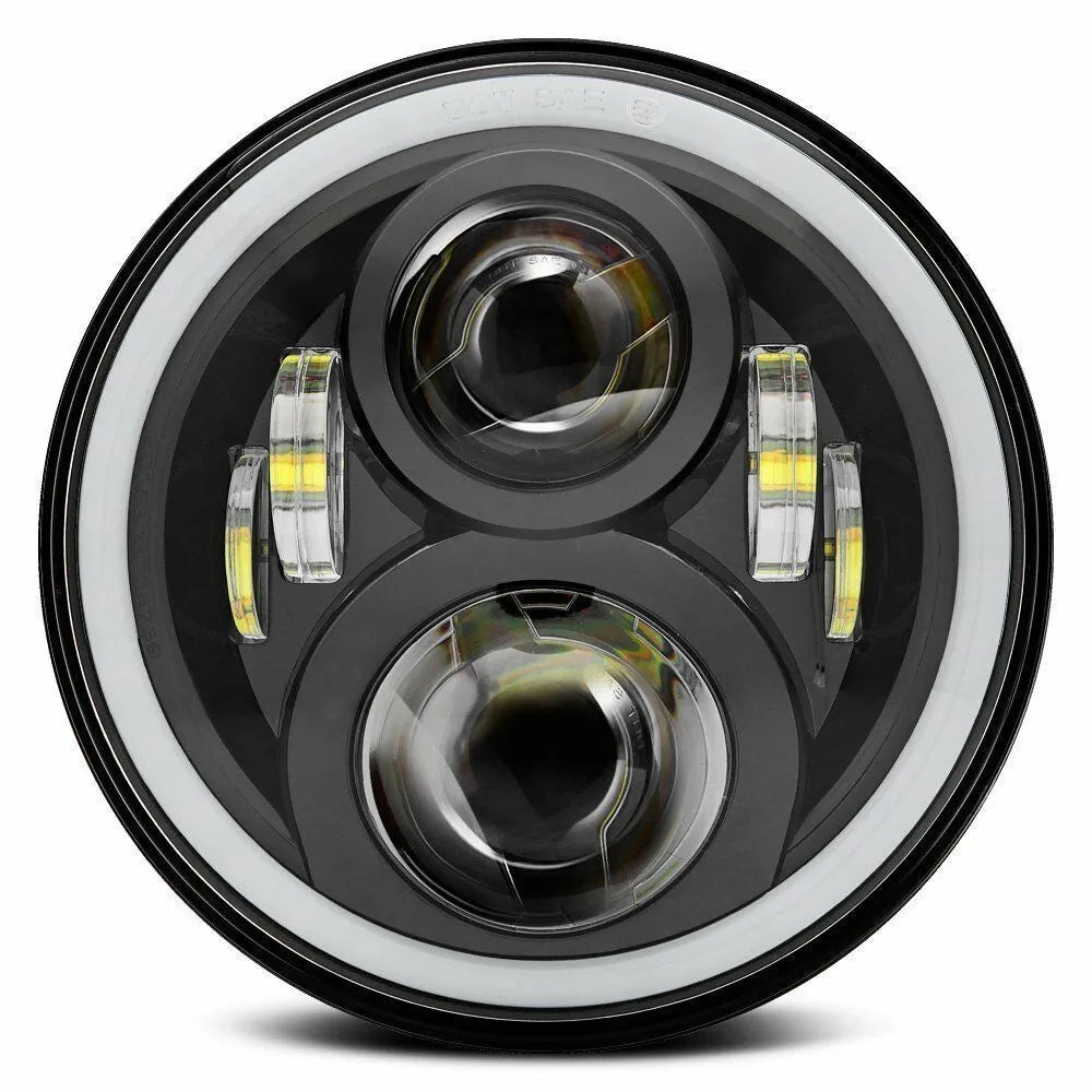 7 inch round LED headlight with angel eyes, black housing, 6500K, IP68, for 12V 24V vehicles