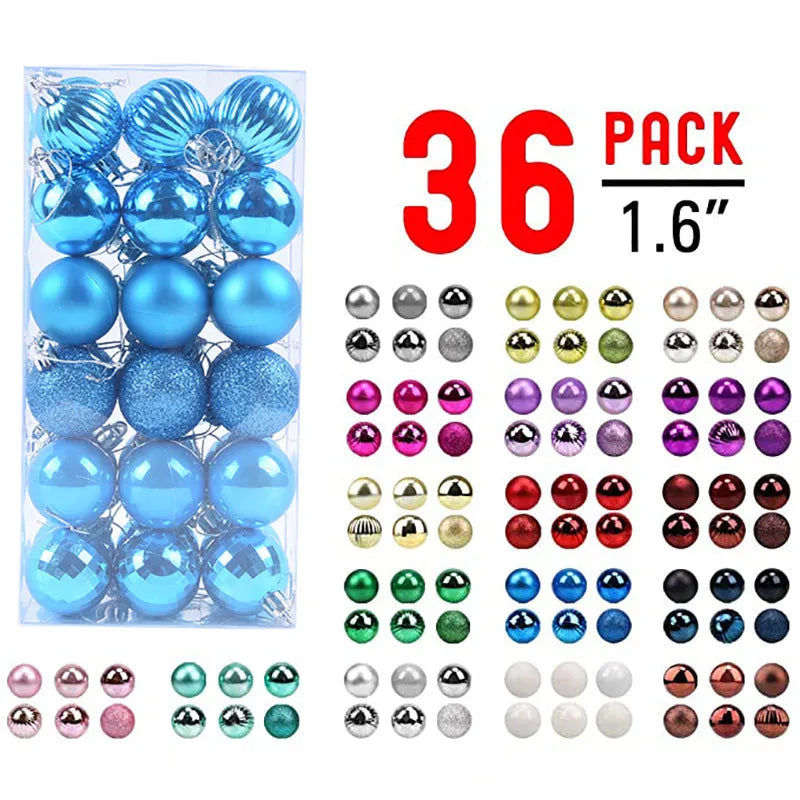 36-piece Christmas bauble set with 4cm balls in 17 colours including gold, silver, red, blue, green, pink and purple