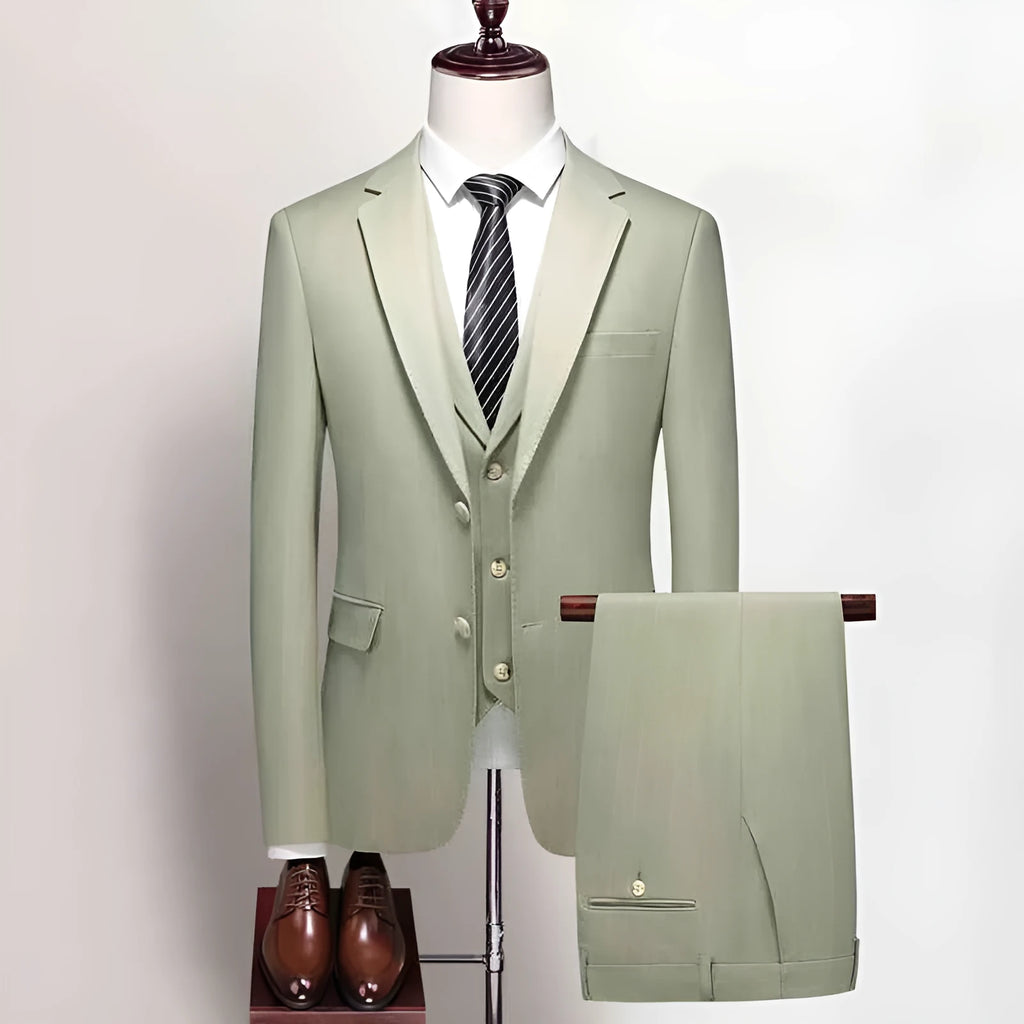 Men's three-piece light green business suit set with jacket, vest, and trousers, semi-hemp lining, flat collar