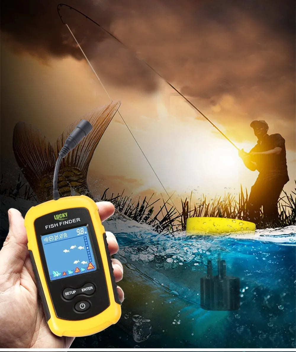 Yellow wired fish finder with 200KHZ sonar, 73m depth range, multi-language display