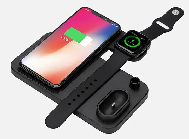 Black 4-in-1 wireless charging station with phone on adjustable magnetic stand, charging Apple Watch, AirPods, and Apple Pencil.