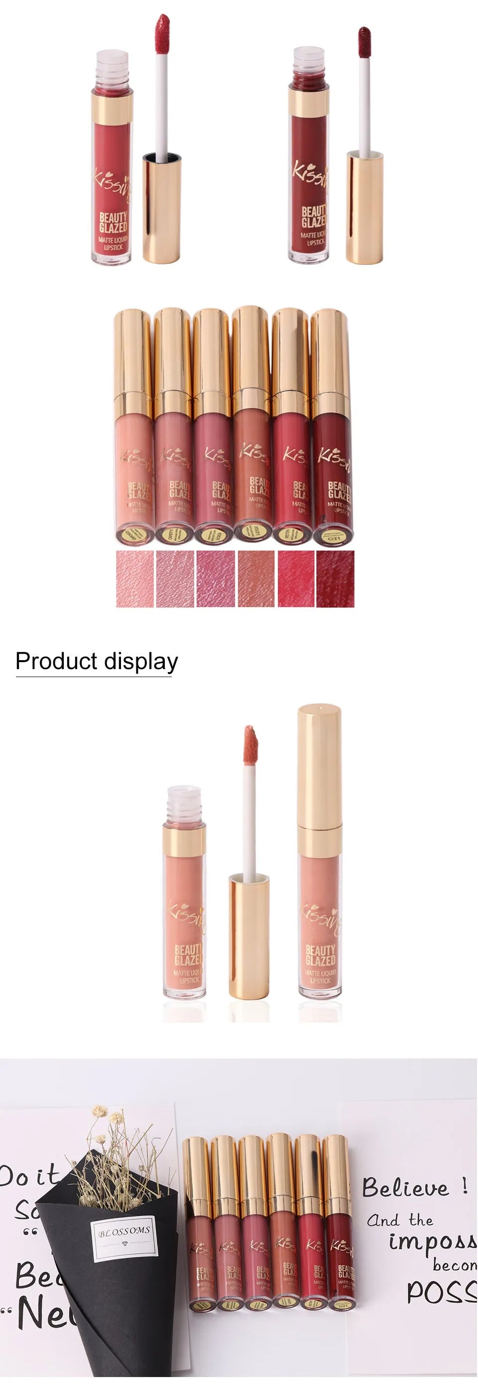 6Pcs liquid matte lipstick set with six tubes and stated net content of ten