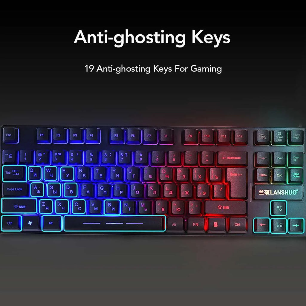 Russian USB wired backlit keyboard and mouse set in black with multimedia keys and cable