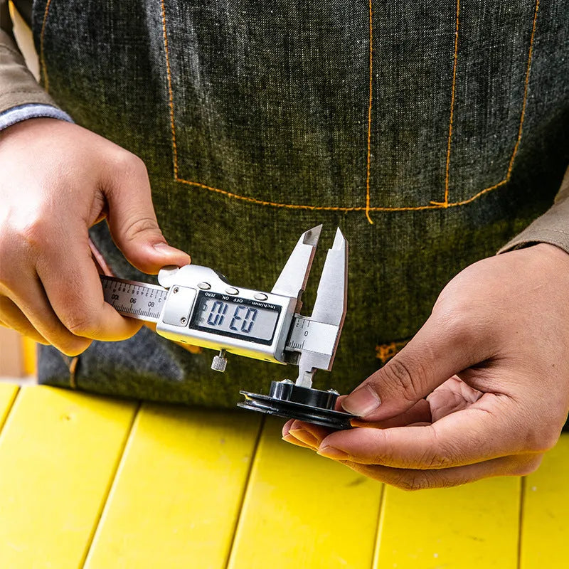 Deli digital vernier caliper with stainless steel construction and digital display showing 0.01mm resolution