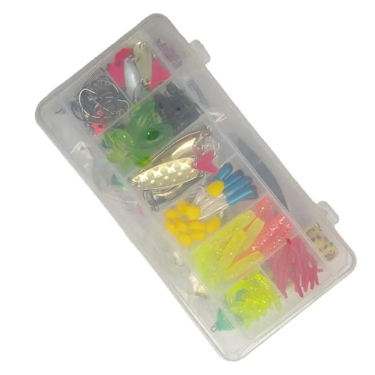 142-piece fishing lure set with hard mino lures, sequins, metal and plastic lures, fishhooks, and fishing pliers on a blue background.