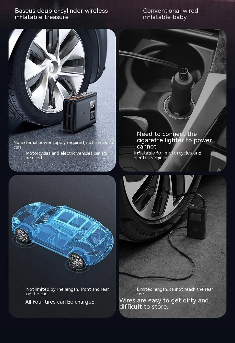 Black portable wireless car tyre inflator with digital display and air hose