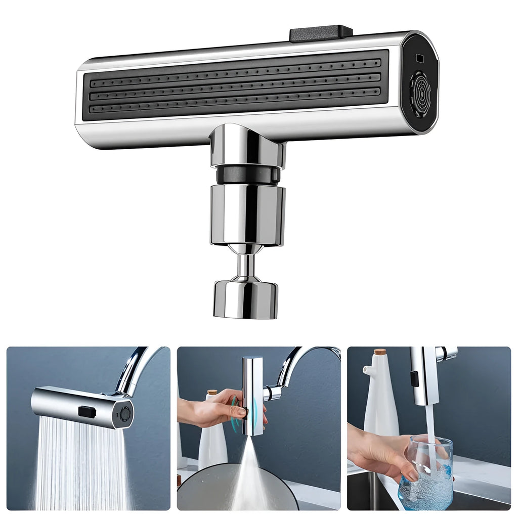 Kitchen faucet nozzle extension with rotating waterfall outlet in black or silver finish