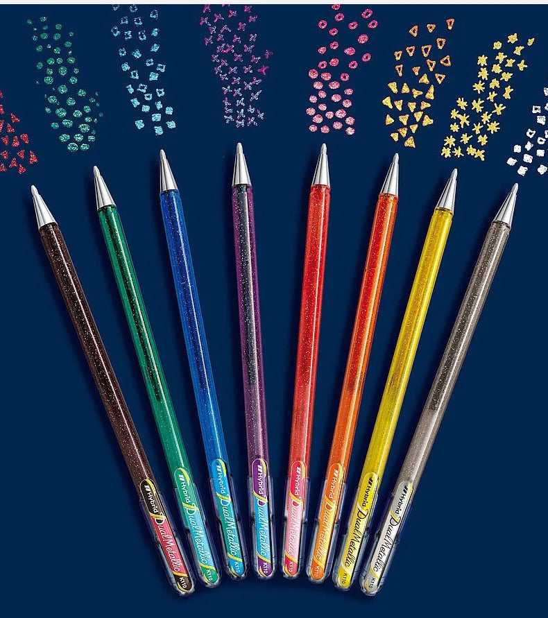 K110 model 1.0mm tip pearlescent glitter gel pen in eight colour options on white paper.